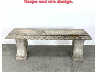 Lot 1478 Cast Stone 3 Part Garden Bench. Grape and urn design.