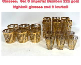 Lot 1445 18pcs Mid Century Modern Bar Glasses. Set 6 Imperial Bamboo 22k gold highball glasses and 6 lowball