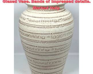 Lot 1010 18 Tall Bitossi Italian Pottery Glazed Vase. Bands of Impressed details. Marked Italy.