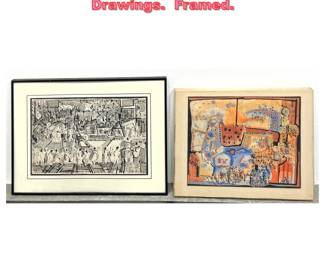 Lot 1290 2pcs. Artist Signed Watercolor Drawings. Framed. 