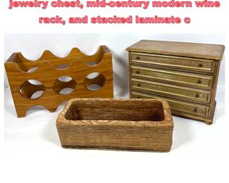 Lot 1439 3pcs Wood Objects. Italian gilt jewelry chest, midcentury modern wine rack, and stacked laminate c