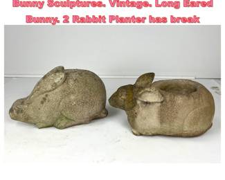 Lot 1491 2pc Outdoor Concrete Rabbit Bunny Sculptures. Vintage. Long Eared Bunny. 2 Rabbit Planter has break