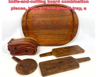 Lot 1446 5pcs Woodenware. Three Dansk knifeandcutting board combination pieces, large teak Digsmed tray, a
