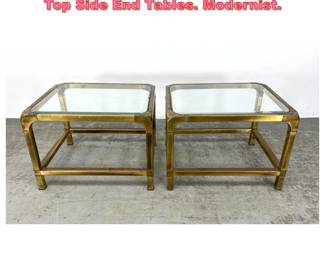 Lot 1089 Pr Mastercraft style Brass Glass Top Side End Tables. Modernist.