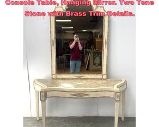 Lot 1203 2pc Travertine Tesserae Tile Console Table, Hanging Mirror. Two Tone Stone with Brass Trim Details.