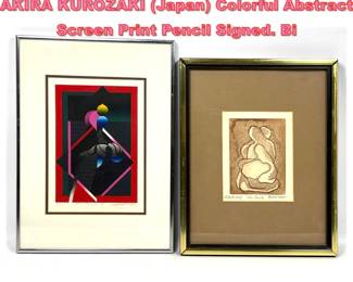 Lot 1034 2pc Framed Modernist Art. 1 AKIRA KUROZAKI Japan Colorful Abstract Screen Print Pencil Signed. Bi