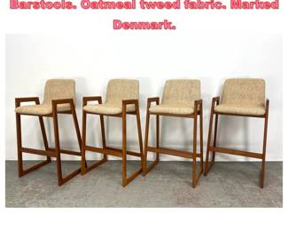 Lot 1375 Set 4 Danish Modern Teak Barstools. Oatmeal tweed fabric. Marked Denmark.