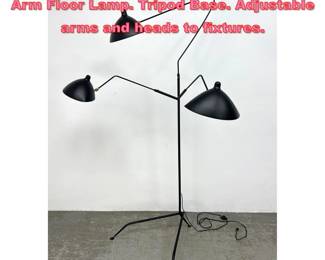 Lot 1207 Serge Mouille style Black Three Arm Floor Lamp. Tripod Base. Adjustable arms and heads to fixtures.