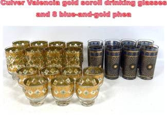 Lot 1443 23pcs Barware Glasses. Set 16 Culver Valencia gold scroll drinking glasses and 8 blueandgold phea