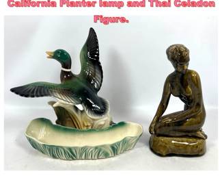 Lot 1436 2pcs 50s Modern. Lane and Co California Planter lamp and Thai Celadon Figure.