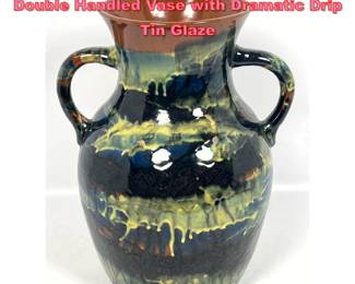 Lot 1062 Mid Century Slipcast Ceramic Double Handled Vase with Dramatic Drip Tin Glaze