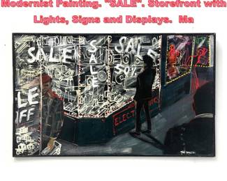 Lot 1239 JOE DAVIS Graffiti style Modernist Painting. SALE. Storefront with Lights, Signs and Displays. Ma
