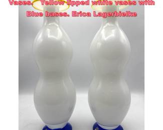 Lot 1199 Pair Orrefors Art Glass Lobed Vases. Yellow lipped white vases with Blue bases. Erica Lagerbielke