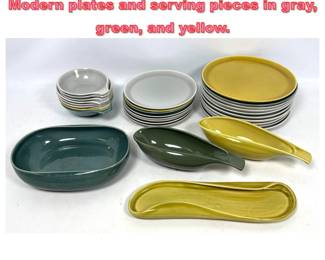 Lot 1447 31pcs Russel Wright American Modern plates and serving pieces in gray, green, and yellow. 