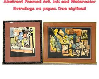 Lot 1222 2pc JESSE SOIFER Modernist Abstract Framed Art. Ink and Watercolor Drawings on paper. One stylized