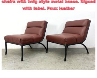 Lot 1400 2pcs Bernhardt interiors lounge chairs with twig style metal bases. Signed with label. Faux leather