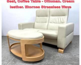 Lot 1281 2pc JE EKORNES Stressless Love Seat, Coffee Table Ottoman. Cream leather. Ekornes Stressless Wave 