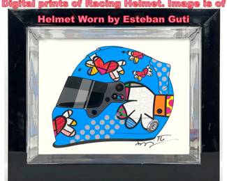 Lot 1088 Signed Romero Britto Framed Digital prints of Racing Helmet. Image is of Helmet Worn by Esteban Guti