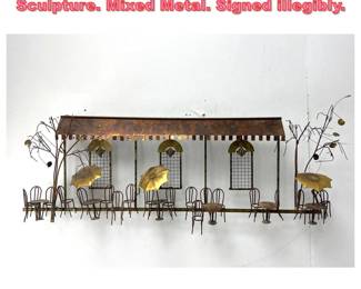 Lot 1003 Signed Metal Cafe Scene Wall Sculpture. Mixed Metal. Signed illegibly.