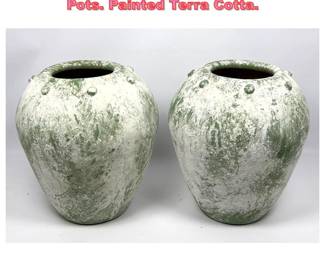 Lot 1493 Pair 14inch Green Pottery Bumpy Pots. Painted Terra Cotta.
