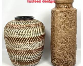 Lot 1053 2pcs German Pottery Vases. Incised design.