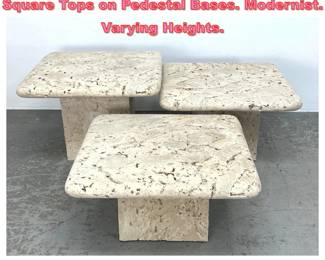 Lot 1324 3pc Fossil Stone Side End Tables. Square Tops on Pedestal Bases. Modernist. Varying Heights.