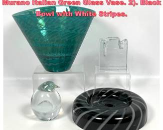 Lot 1438 4pc 20th C Modern Design Glass. Murano Italian Green Glass Vase. 2. Black Bowl with White Stripes.