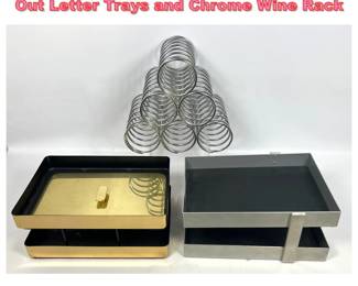 Lot 1339 3pcs. Mid Century Metal Desk InOut Letter Trays and Chrome Wine Rack