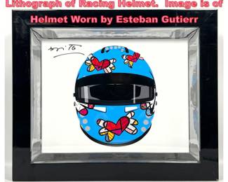 Lot 1090 Signed Romero Britto Framed Lithograph of Racing Helmet. Image is of Helmet Worn by Esteban Gutierr