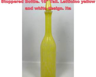 Lot 1026 Venetian Murano Italian Art Glass Stoppered Bottle. 18 Tall. Latticino yellow and white design. Ita
