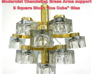 Lot 1128 Gaetano Sciolari Brass Glass Modernist Chandelier. Brass Arms support 9 Square Block Ice Cube Glas