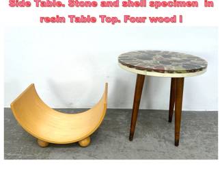 Lot 1348 2pc Modern Design. Small Round Side Table. Stone and shell specimen in resin Table Top. Four wood l