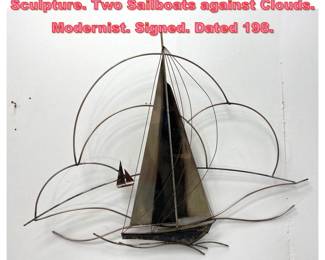 Lot 1056 C JERE Mixed Metal Wall Sculpture. Two Sailboats against Clouds. Modernist. Signed. Dated 198.