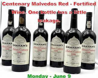 Lot 201 6 pcs 1990 Graham Porto Centenary Malvedos Red  Fortified Wine. One bottle has a little leakage.