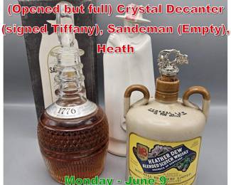Lot 211 3 bottles, 1776 Whiskey Opened but full Crystal Decanter signed Tiffany, Sandeman Empty, Heath