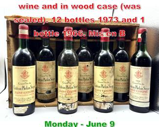 Lot 221 13pc Bordeaux French wine and in wood case was sealed. 12 bottles 1973 and 1 bottle 1966. Mis en B