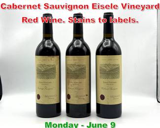 Lot 133 3 pcs 2002 Araujo Estate Cabernet Sauvignon Eisele Vineyard Red Wine. Stains to labels.