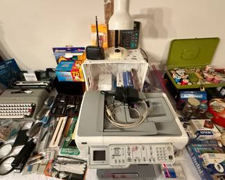 HP printer center stage but…. The real gem in this photo is the vintage Olivetti Lettera 35 Manual typewriter with original carrying bag. Do you spot it? Way cool.