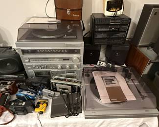 Lots of fun stuff: old cameras, record players, stereo systems and components, VHS & DVD players, TV’s, etc.