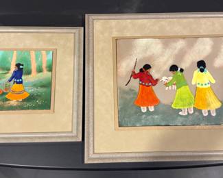 ENAMEL ON COPPER PAINTING BY LINDA POND , NAVAJO WOMEN AND CHILDREN