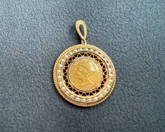 PENDANT COIN 14K GOLD 28 SEED PEARLS U.S. 2 1/2 DOLLAR GOLD PIECE 1899