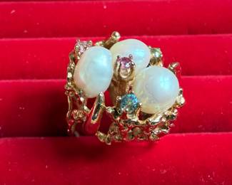 BAROQUE PEARL RING WITH RUBY, PINK ZIRCON, BLUE ZIRCON AND PERIDOT 14K