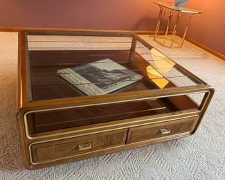 AMERICAN OF MARTINSVILLE BURL AND GLASS COFFEE COCKTAIL TABLE