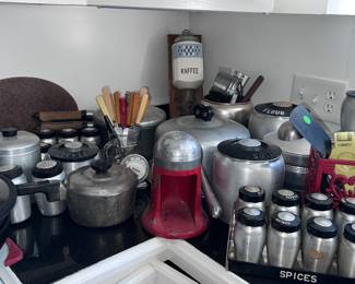 Vintage 1950's kitchen aluminum canister sets and spice set