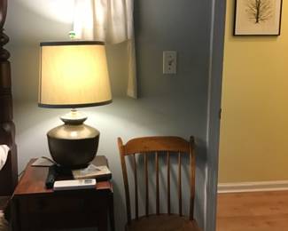 Nightstand, Arrow back chair, Pewter lamp