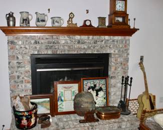 Dated 1891 hand painted scenic tortoise shell, copper handled basket and primitive Pennsylvania Dutch wood painted bucket