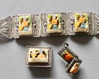 Chinese Filigree bone panel bracelet, brooch and earrings