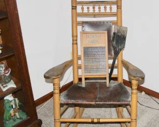 Antique spindle rocking chair, glass washboard