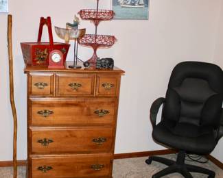 MCM bureau, painted wood box, sailor and vintage three tier wire basket