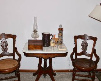 Eastlake marble top table and matching chairs, Bennington stoneware pitcher, hurricane oil lamp and burl letter box